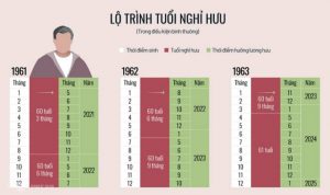 Tuổi nghỉ hưu và thời điểm hưởng lương hưu ứng với năm sinh theo lộ trình từ năm 2021. Đồ họa: Tạ Lư